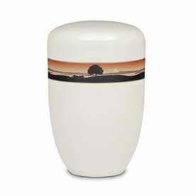 Metalen urn wit met decoratieve afbeelding boom | wd-UH3810