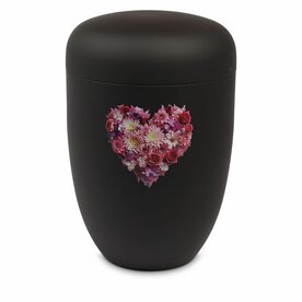 Metalen urn zwart met moderne afbeelding hart van bloemen | wd-UH3670B1WD25