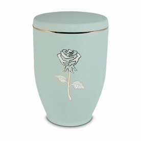 Metalen urn licht groen met moderne afbeelding roos in wit en goud | wd-UH7622