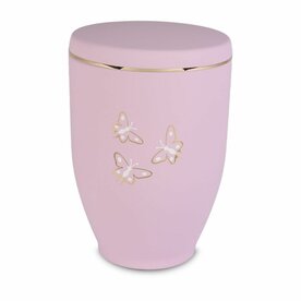 Metalen urn roze met moderne afbeelding vlinders in wit en goud | wd-UH7616