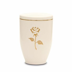 Metalen urn ecru met moderne afbeelding roos in goud | wd-UH7662