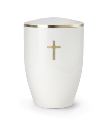 Klassieke metalen sierurn Edition Melina wit met kruis  | vo-370067