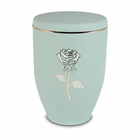 Metalen urn licht groen met moderne afbeelding roos in wit en goud | wd-UH7622