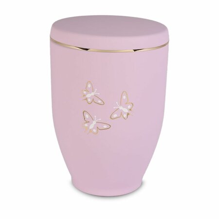 Metalen urn roze met moderne afbeelding vlinders in wit en goud | wd-UH7616