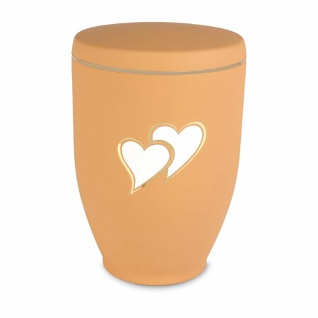 Metalen urn oranje met moderne afbeelding harten in wit en goud | wd-UH7695