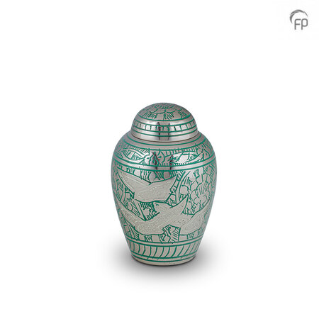 Metalen urn klassiek model in zilverkleur en groen-wit keepsake  | fp-HU 139 K