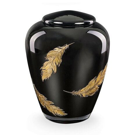 Glazen urn Boheems kristal  blinkend zwart met gouden veren | ds-GU103GF