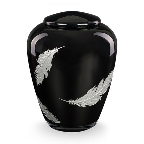 Glazen urn Boheems kristal  blinkend zwart met zilveren veren | ds-GU103SF