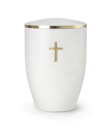 Klassieke metalen sierurn Edition Melina wit met kruis  | vo-370067