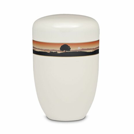 Metalen urn wit met decoratieve afbeelding boom | wd-UH3810