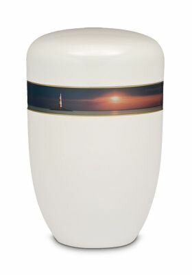 Metalen urn wit met decoratieve afbeelding zon | wd-UH3811
