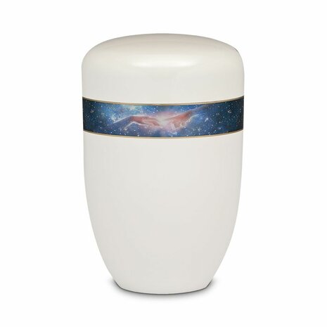 Metalen urn wit met decoratieve afbeelding handen | wd-UH3813