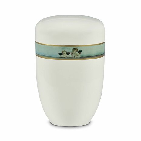 Metalen urn wit met decoratieve afbeelding engelen | wd-UH3814