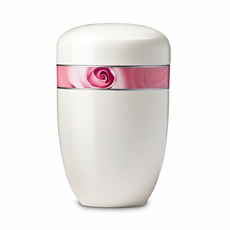 Metalen urn wit met decoratieve afbeelding roos | wd-UH3817