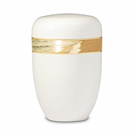 Metalen urn wit met decoratieve afbeelding strand en zee | wd-UH3825