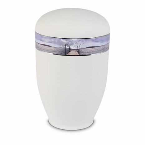 Metalen urn wit met moderne afbeelding steiger aan het water | wd-UH8313