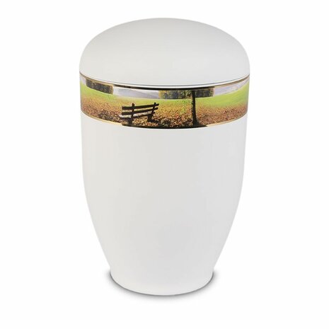 Metalen urn wit met moderne afbeelding bankje met uitzicht | wd-UH8315