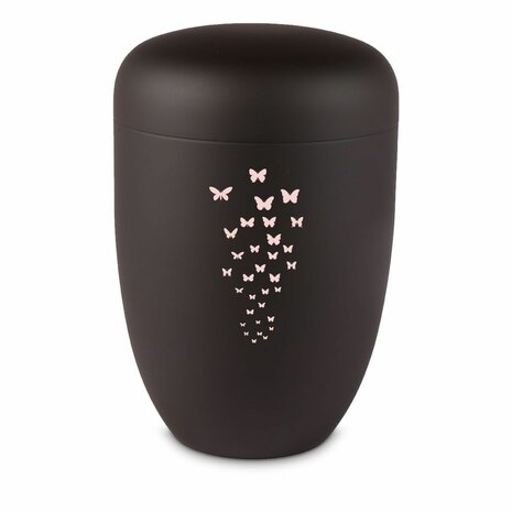 Metalen urn zwart met moderne afbeelding roze vlinders | wd-UH3670WD23