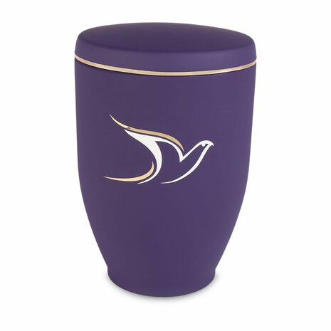 Metalen urn paars met moderne afbeelding duif in wit en goud | wd-UH7647