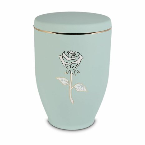 Metalen urn licht groen met moderne afbeelding roos in wit en goud | wd-UH7622