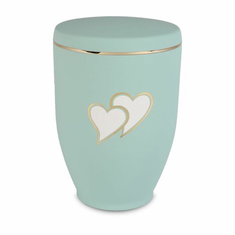 Metalen urn licht groen met moderne afbeelding harten in wit en goud | wd-UH7625