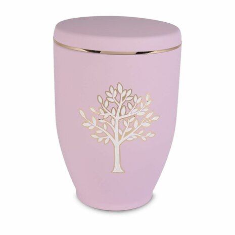 Metalen urn roze met moderne afbeelding boom in wit en goud | wd-UH7614