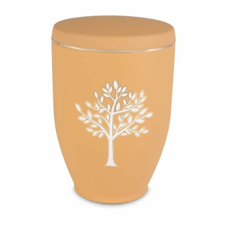 Metalen urn oranje met moderne afbeelding boom in wit en goud | wd-UH7694