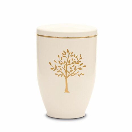 Metalen urn ecru met moderne afbeelding boom in goud | wd-UH7661