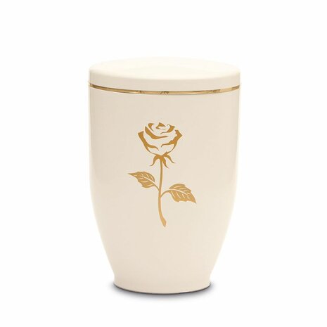 Metalen urn ecru met moderne afbeelding roos in goud | wd-UH7662