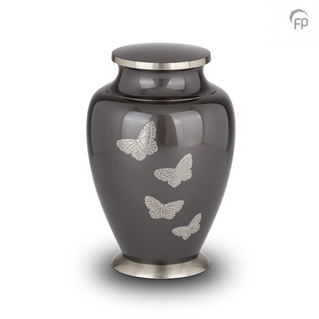 Metalen urn klassiek model in antracietgrijs met zilverkleur  en vlinders| fp-HU 110