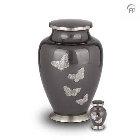 Metalen urn klassiek model in antracietgrijs met zilverkleur  en vlinders| fp-HU 110