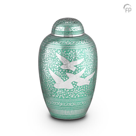 Metalen urn klassiek model in zilverkleur en groen-wit| fp-HU 139