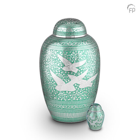 Metalen urn klassiek model in zilverkleur en groen-wit keepsake  | fp-HU 139 K