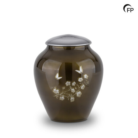 Glazen urn Memory Crystal met vlinders en bloemen groen | fp-GU 086