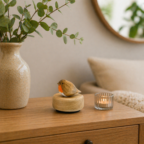 Houten mini urn vergeet me nietje met roodborstje | hu-DHU A 121